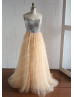 Silver Sequin Champagne Tulle Beaded Long Prom Dress